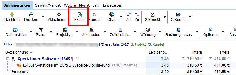 Export der Daten nach Excel aus der Zeiterfassung - Screenshot