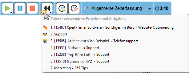 Zeitleiste mit Projekten zur Auswahl